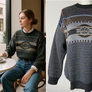 Vintage knit blue black grey grandpa sweater. Fisherman core